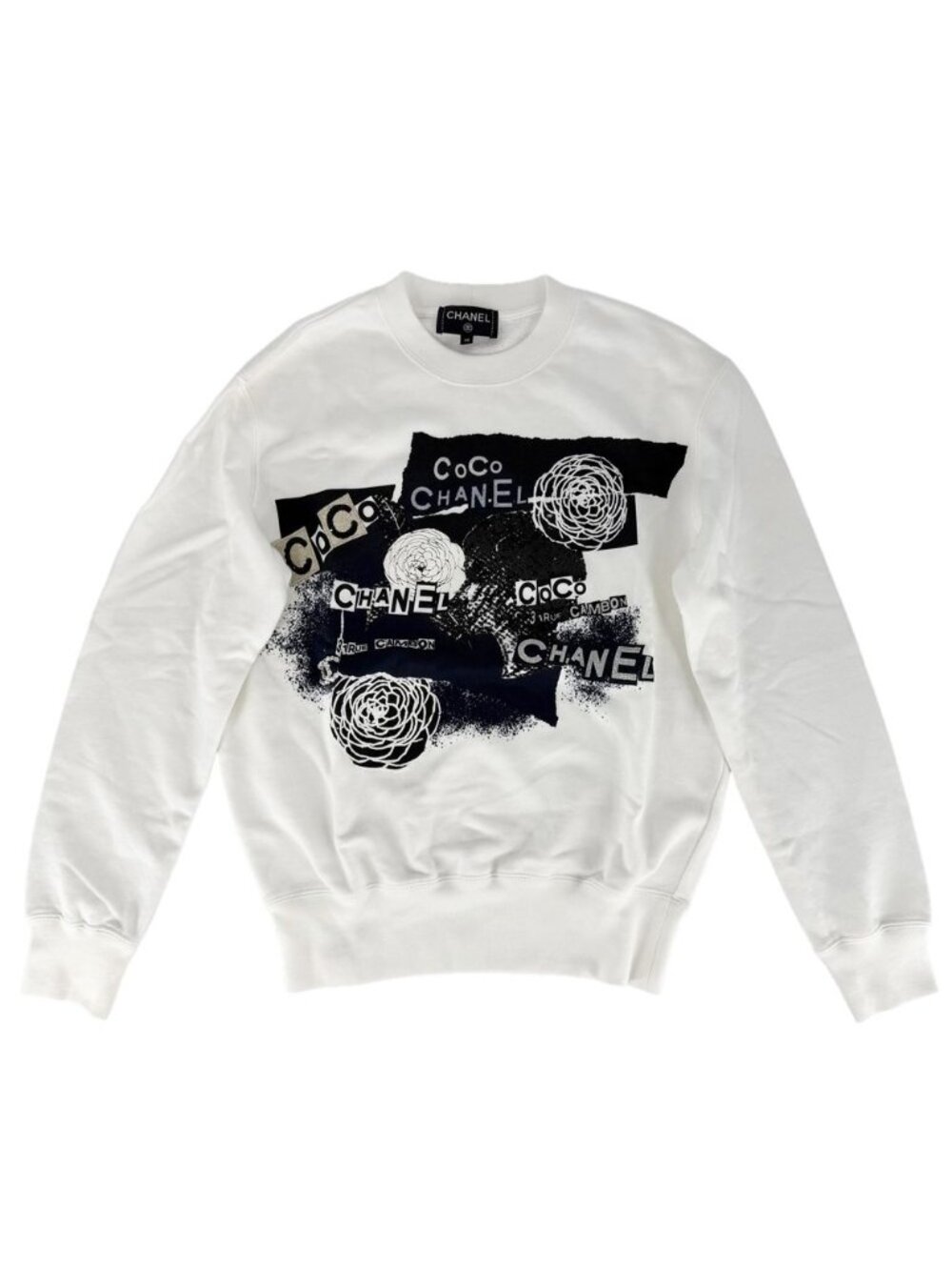 Chanel Top CC Logo Camellia Sweatshirt XS White Black Cotton Spring Autumn